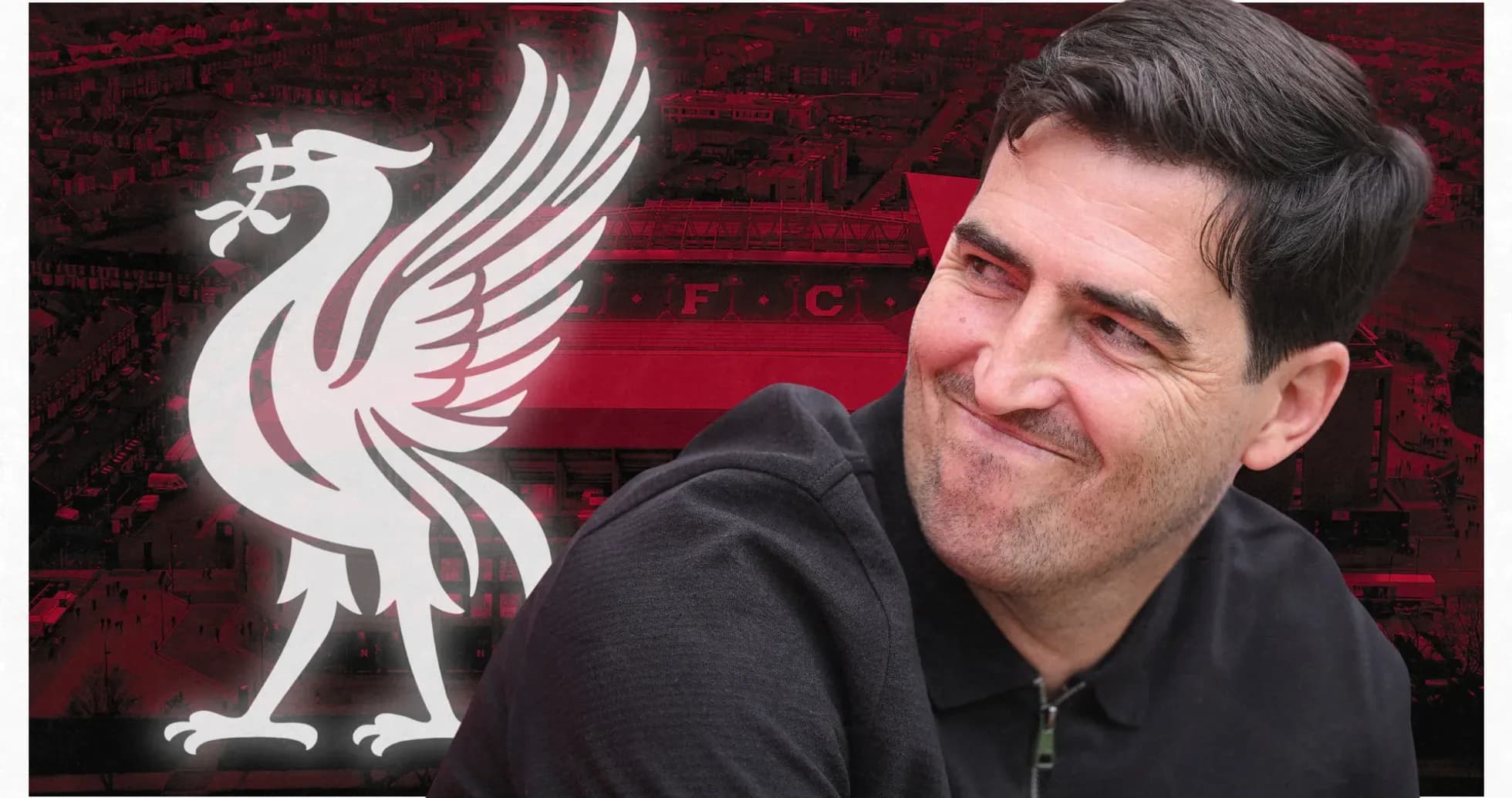 Hombre sonriendo con fondo del logo de Liverpool Hombre sonriendo con fondo del logo de Liverpool