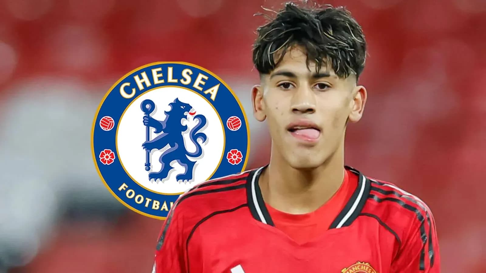 Jugador con camiseta roja frente al logo de Chelsea Jugador con camiseta roja frente al logo de Chelsea